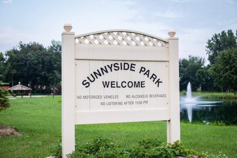 Sunnyside Park of New Paris Indiana Park Sign and Fountain 768x512